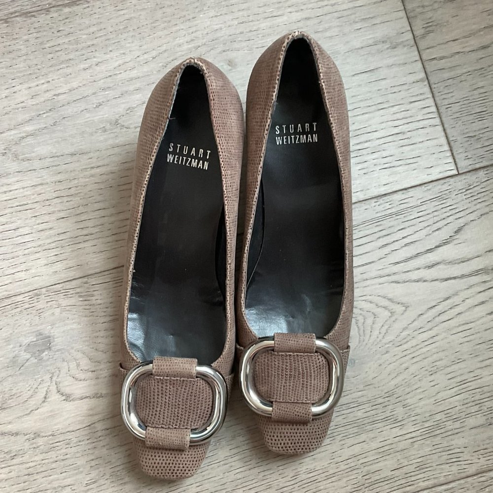 Stuart Weitzman The Tube Caviar Pumps Taupe with Silver Buckles